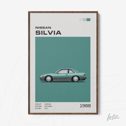 framed graphic art of the 1988 Nissan Silvia with green background and dark wood frame