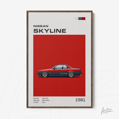 framed digital artwork of a 1981 Nissan Skyline car with a dark wood frame and red background