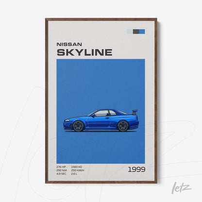 framed wall art featuring a digital illustration of a 1999 Nissan Skyline on a blue background with a dark wood frame