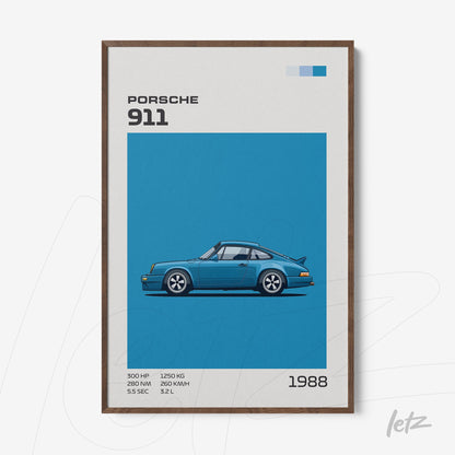framed art featuring an illustration of a 1988 Porsche 911 sports car with a dark wood frame