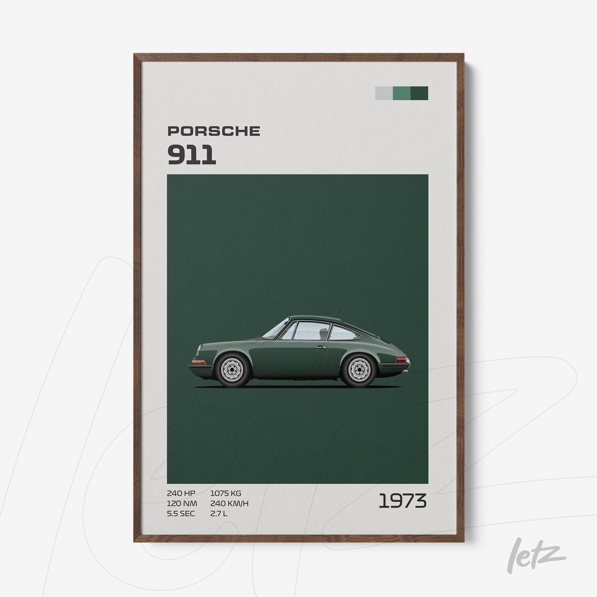 framed digital artwork of a green Porsche 911 car against a neutral background with dark wood frame