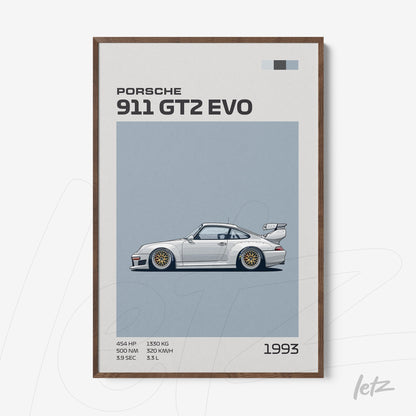 framed art of a 1993 Porsche 911 GT2 EVO sports car with light wooden frame