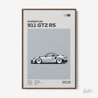 framed minimalist illustration of a 2018 Porsche 911 GT2 RS with dark wood frame