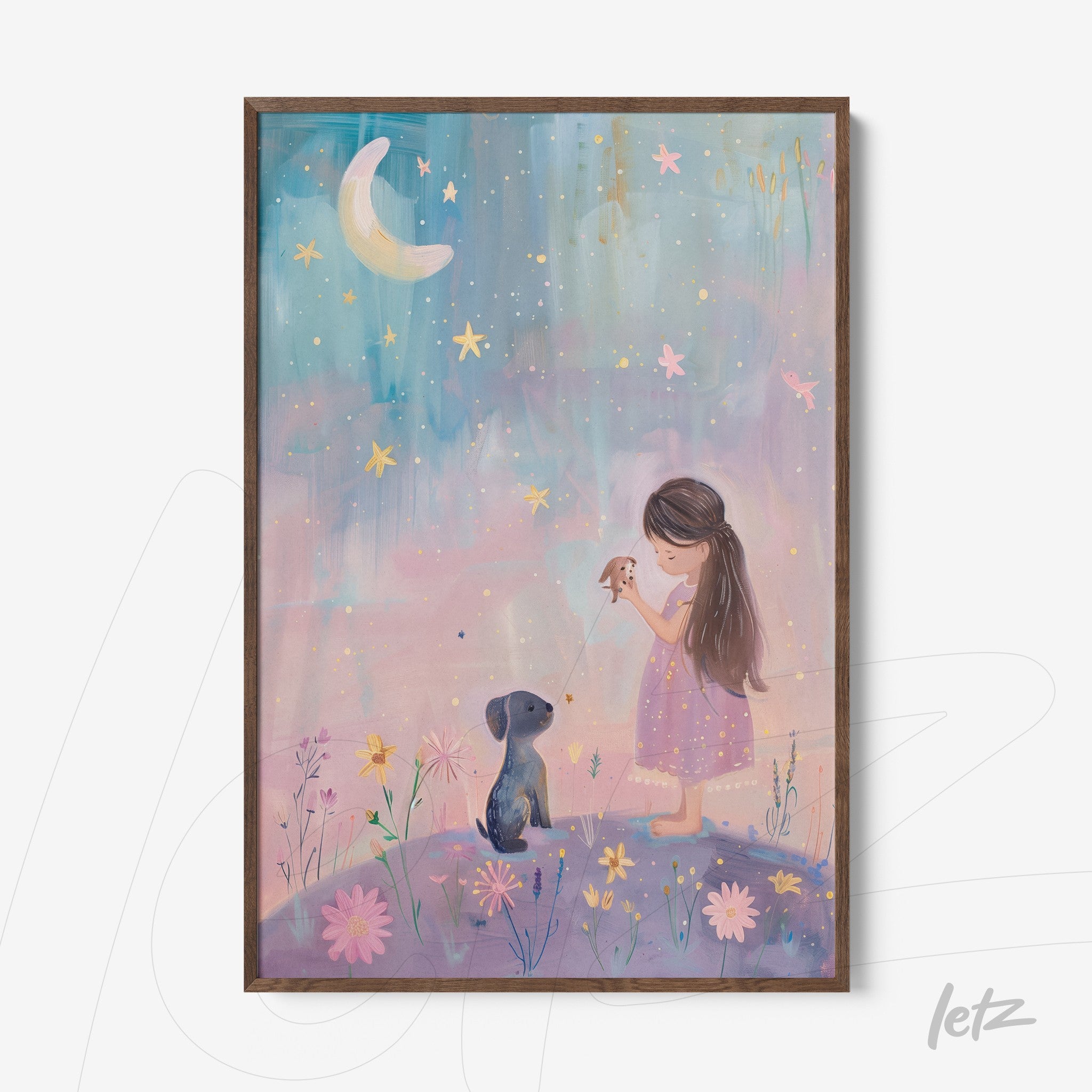 framed artwork featuring a soft illustration of a girl holding a bird beside a dog, with a pastel-colored background and floral details