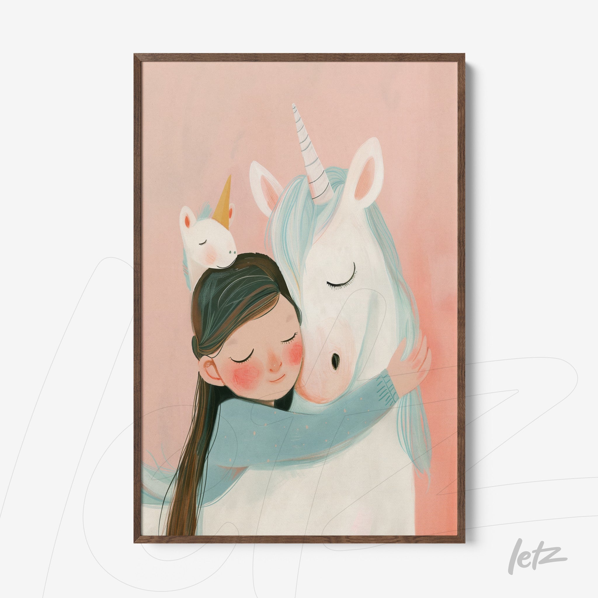 framed artwork of a girl hugging a unicorn on a pink background with light wood frame