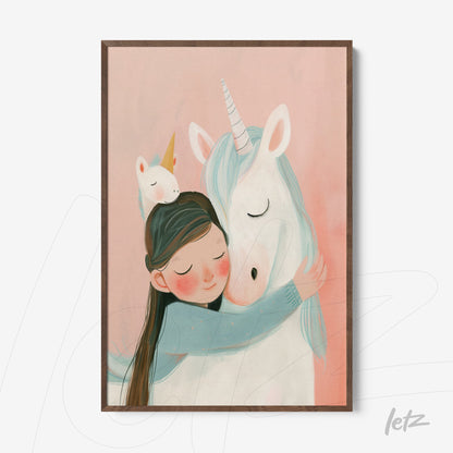 framed artwork of a girl hugging a unicorn on a pink background with light wood frame