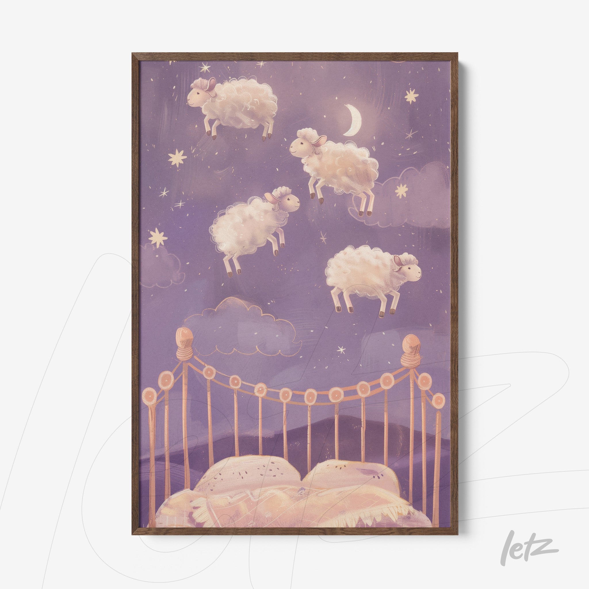 whimsical wall art featuring floating sheep over a bed in a starry sky with light wood frame