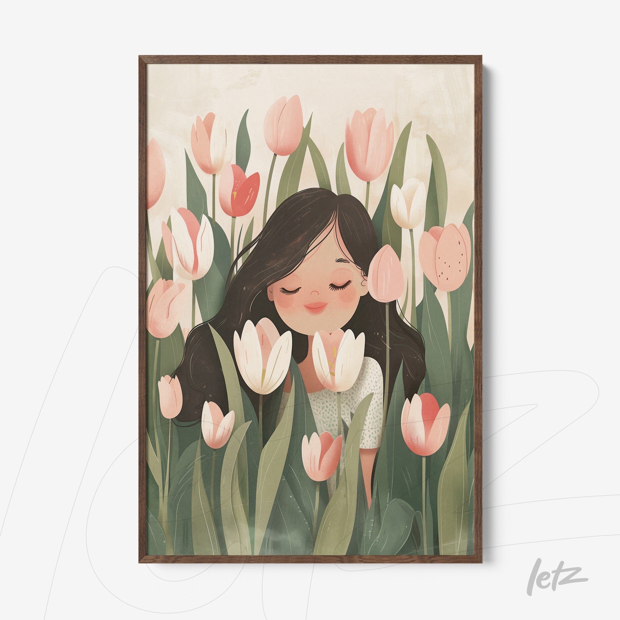 framed artwork of a smiling woman surrounded by tulips on a soft background with dark wood frame