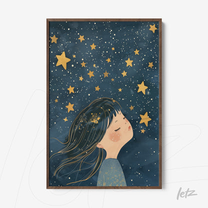 framed artwork of a girl dreaming under a starry sky with dark wood frame