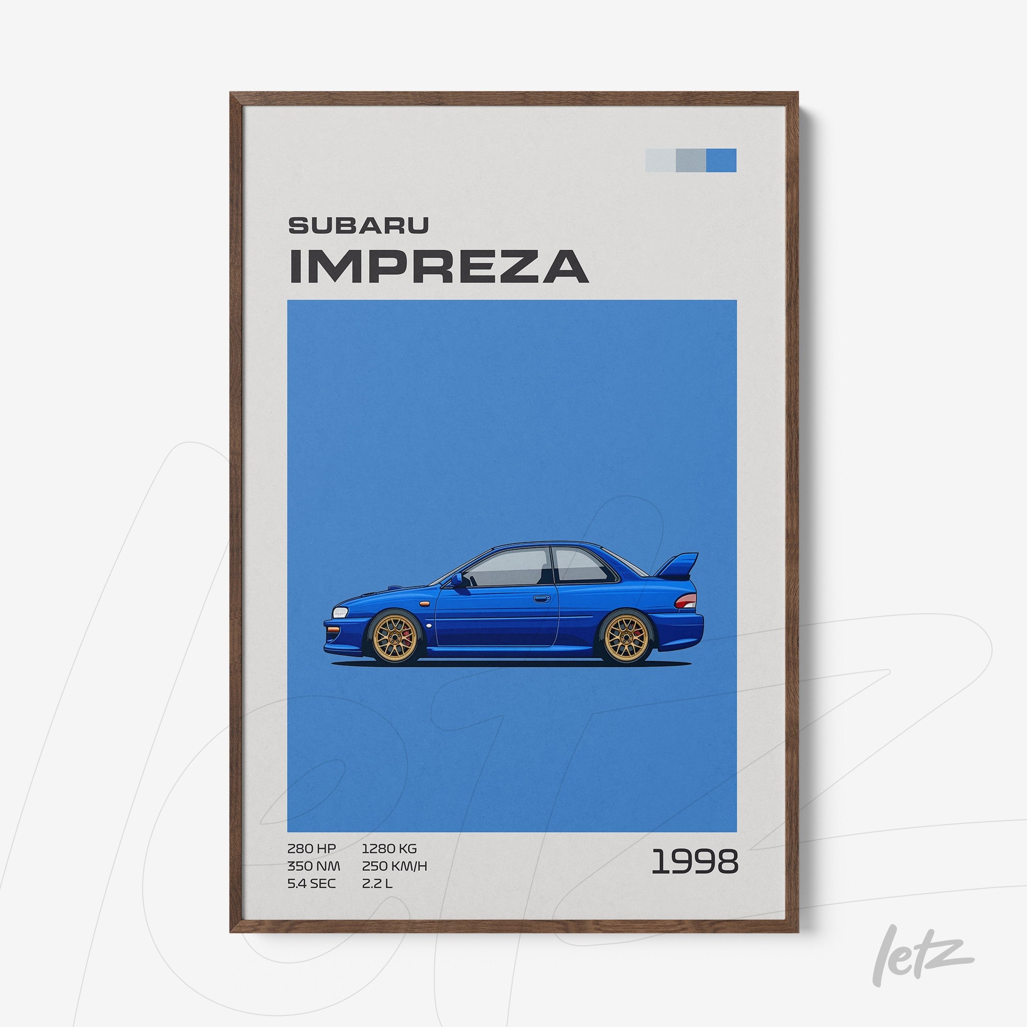 framed wall art featuring a minimalist illustration of a Subaru Impreza against a blue background with dark wood frame