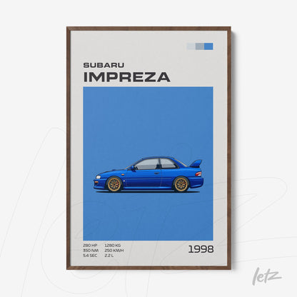 framed wall art featuring a minimalist illustration of a Subaru Impreza against a blue background with dark wood frame