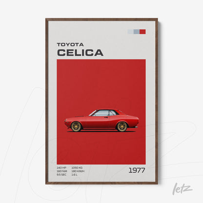framed vintage illustration of a red Toyota Celica car on a vibrant red background with dark wood frame