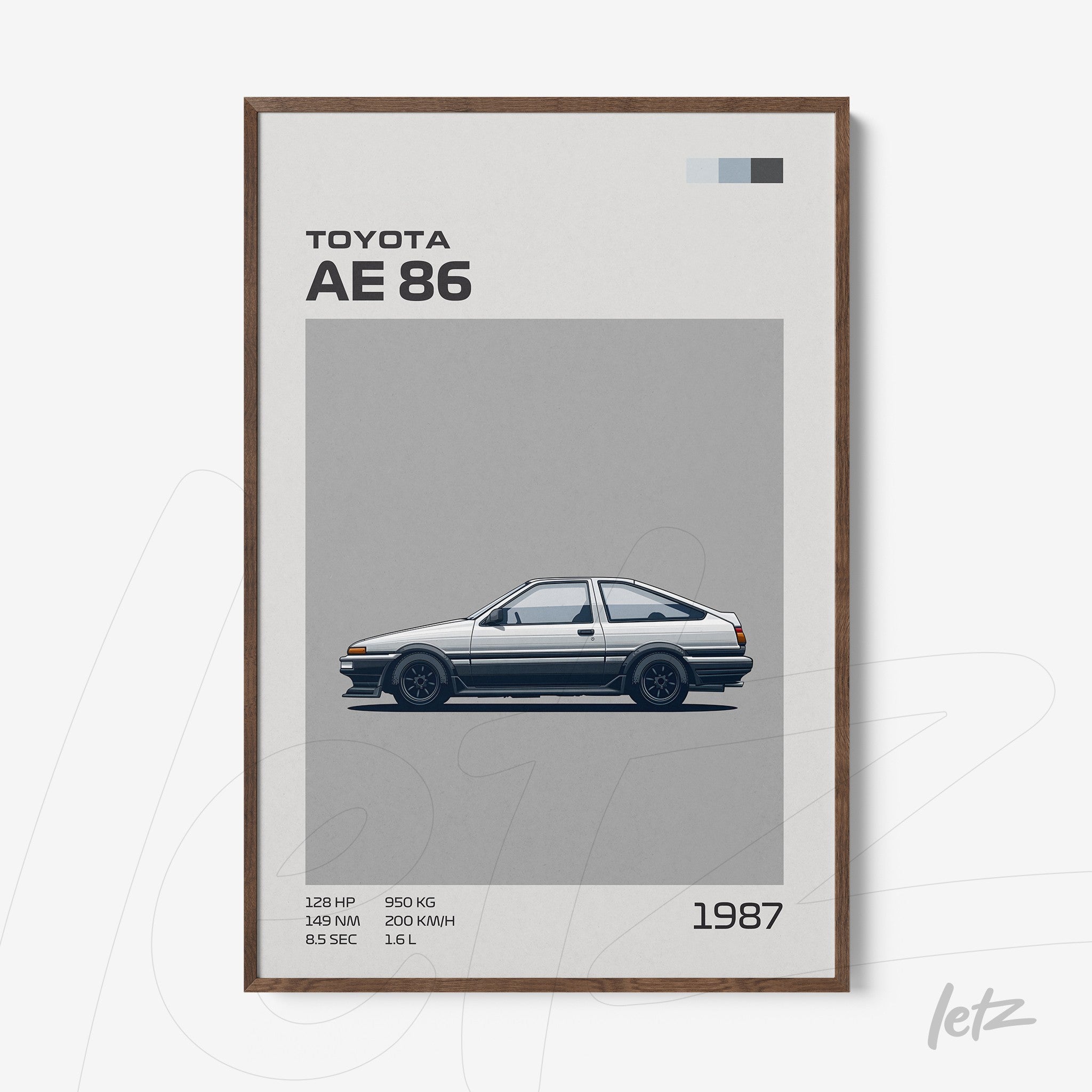 framed wall art of the toyota ae86 car in dark wood frame against gray background