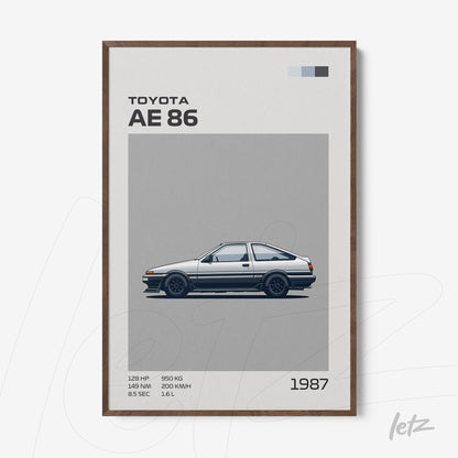 framed wall art of the toyota ae86 car in dark wood frame against gray background