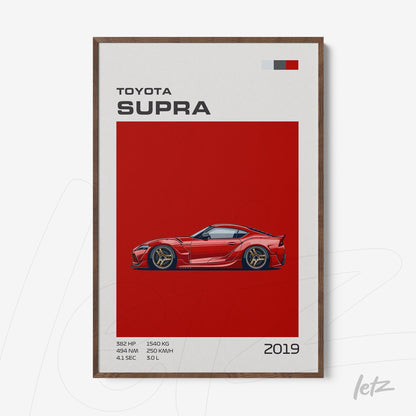framed wall art featuring a graphic design of a 2019 Toyota Supra on a red background with wooden frame
