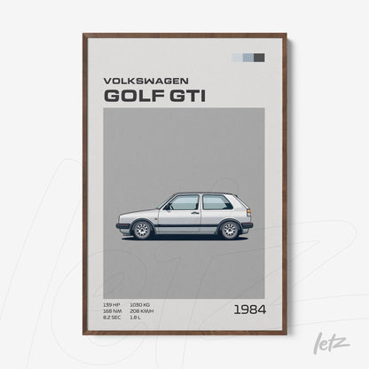 framed wall art featuring an illustration of the 1984 Volkswagen Golf GTI with a dark wood frame