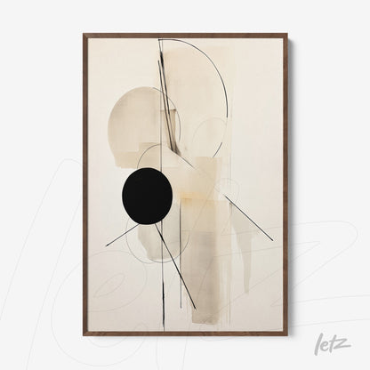 abstract wall art in neutral tones featuring geometric shapes and a black circle in a light wood frame