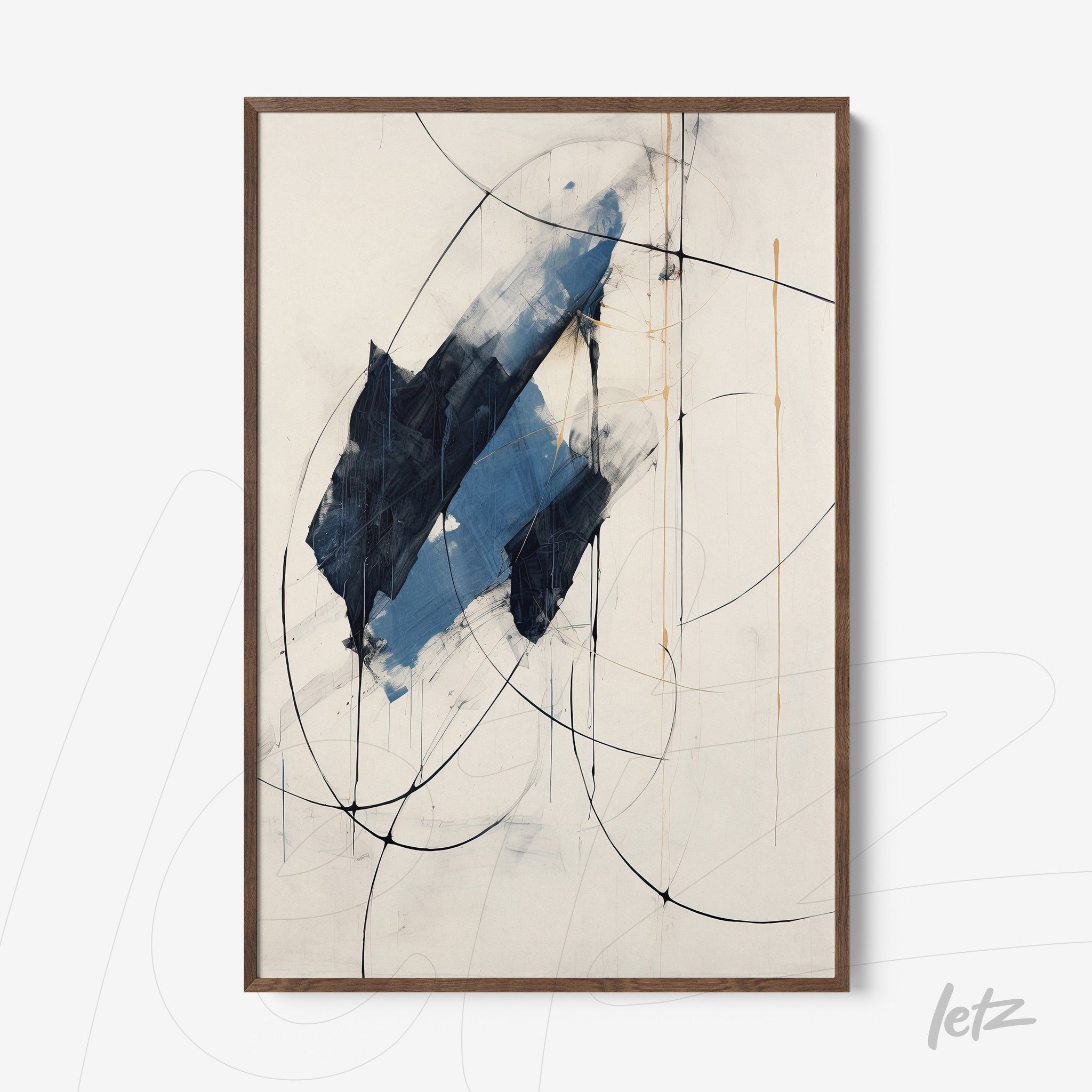 abstract wall art featuring blue and black shapes with a light wood frame