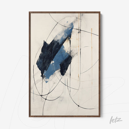 abstract wall art featuring blue and black shapes with a light wood frame