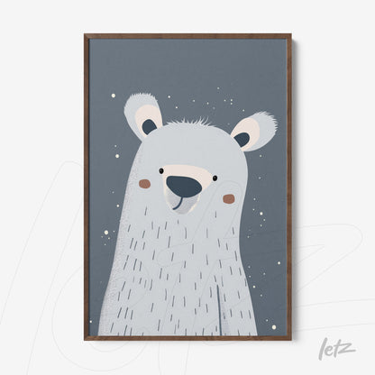 decorative artwork featuring a smiling polar bear on a blue background with a wooden frame