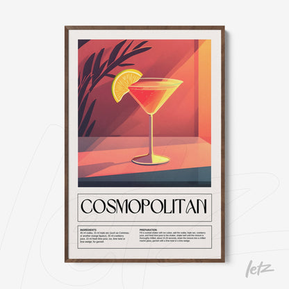 framed artwork featuring stylized cosmopolitan cocktail with dark wooden frame, red background with shadows and a slice of lime