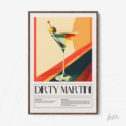 framed artwork of a dirty martini cocktail featuring a dark brown frame