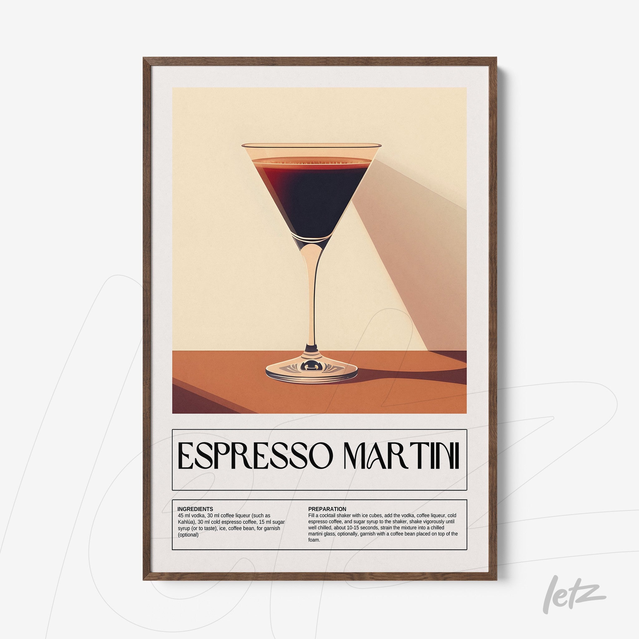 framed wall art featuring an espresso martini in dark wood frame