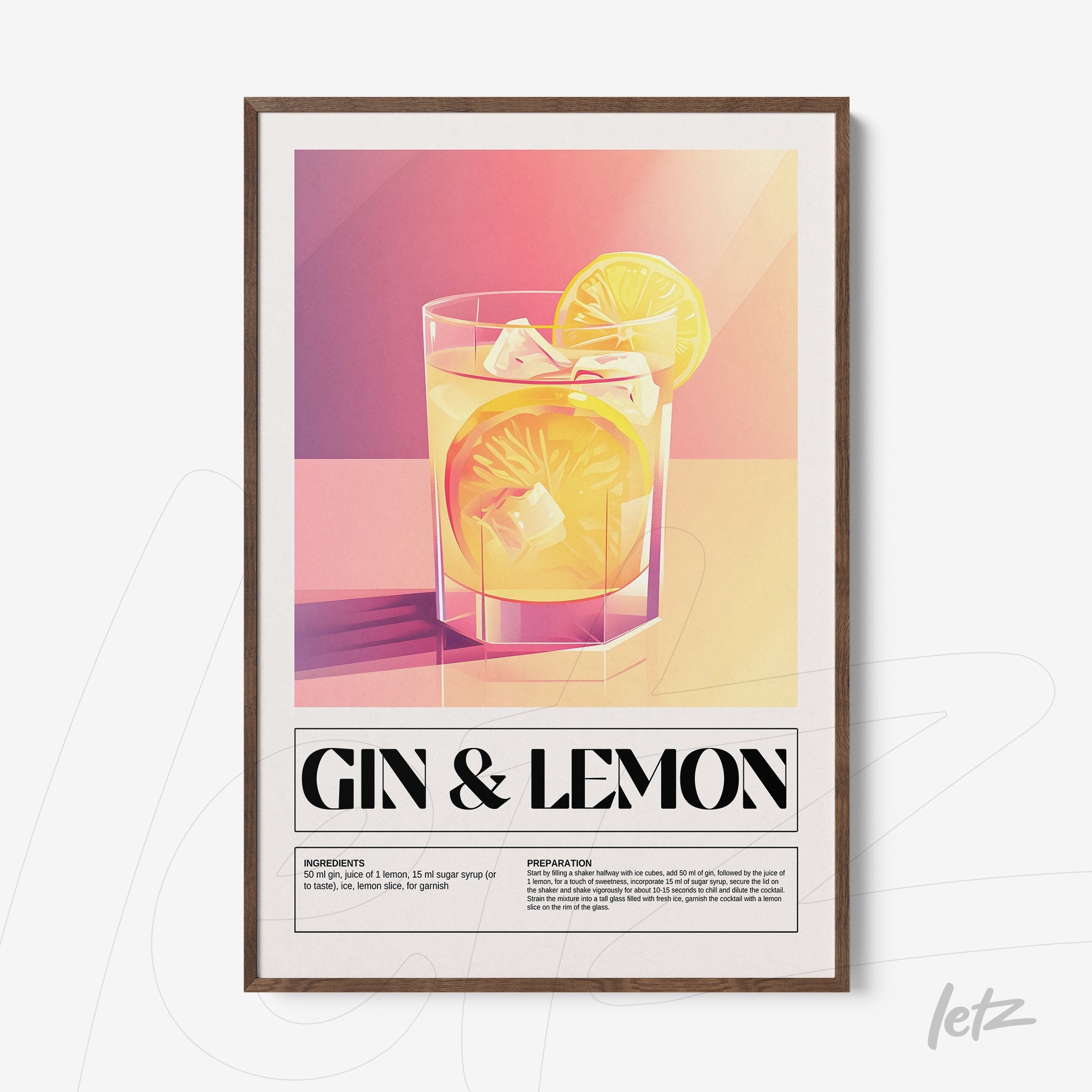 framed wall art featuring a digital illustration of gin and lemon cocktail with dark wooden frame