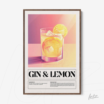 framed wall art featuring a digital illustration of gin and lemon cocktail with dark wooden frame