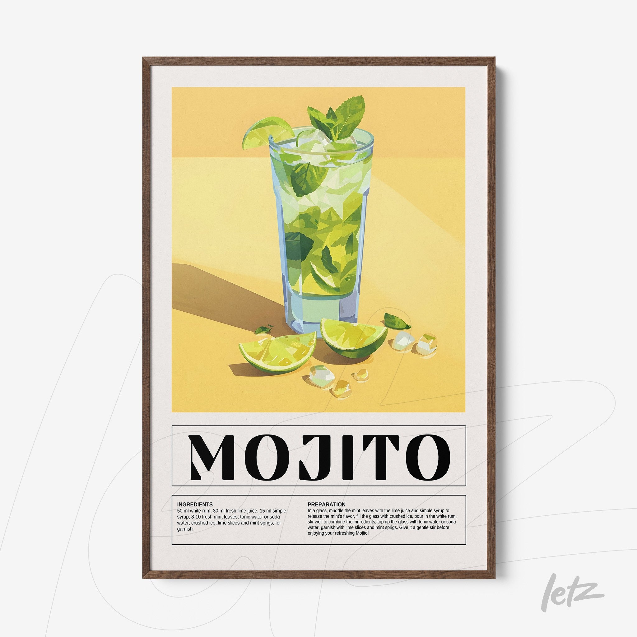 framed wall art featuring a mojito cocktail illustration with dark wood frame