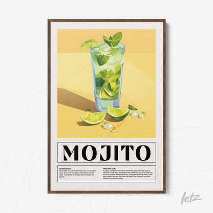 framed wall art featuring a mojito cocktail illustration with dark wood frame