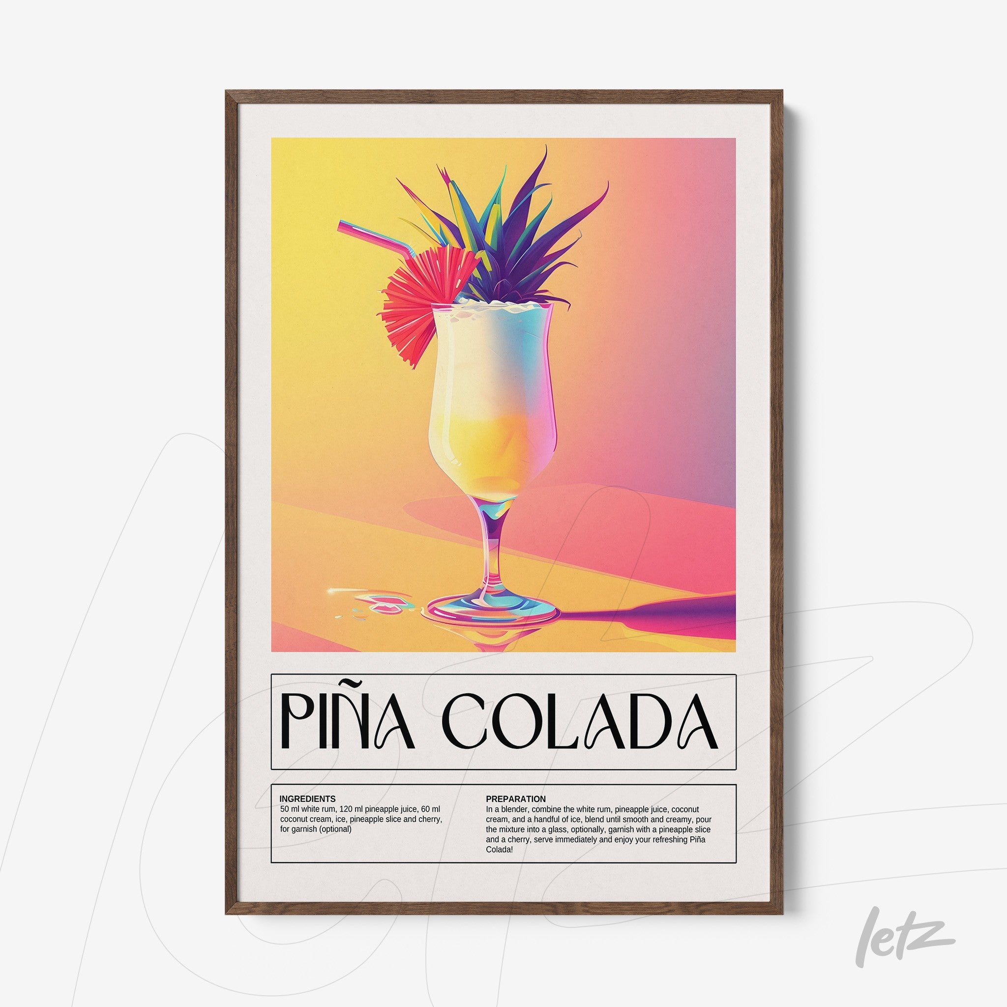 vibrant digital art print of piña colada cocktail in dark wood frame