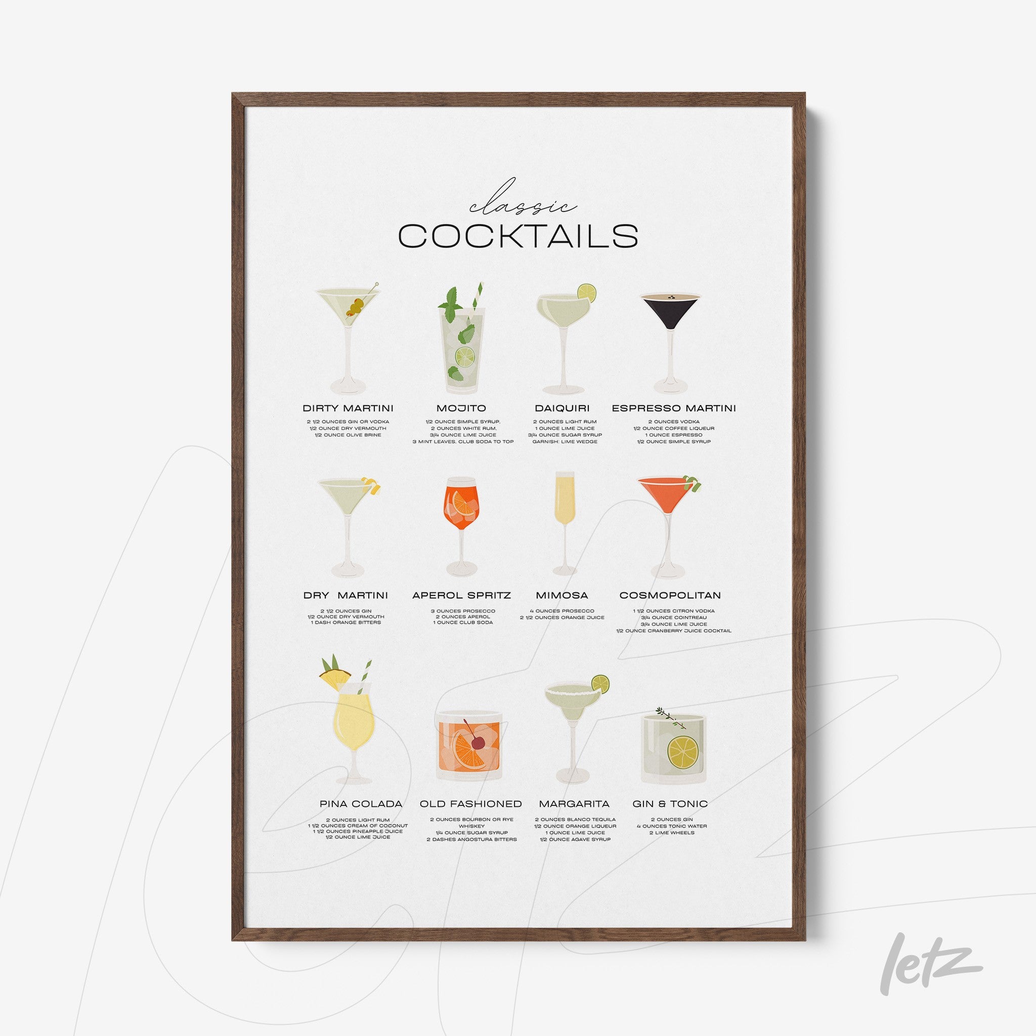 decorative wall art featuring illustrations of classic cocktails in dark wood frame