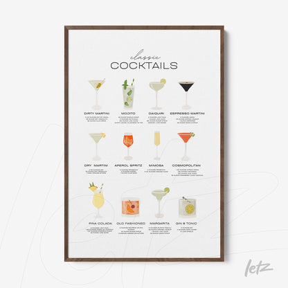 decorative wall art featuring illustrations of classic cocktails in dark wood frame
