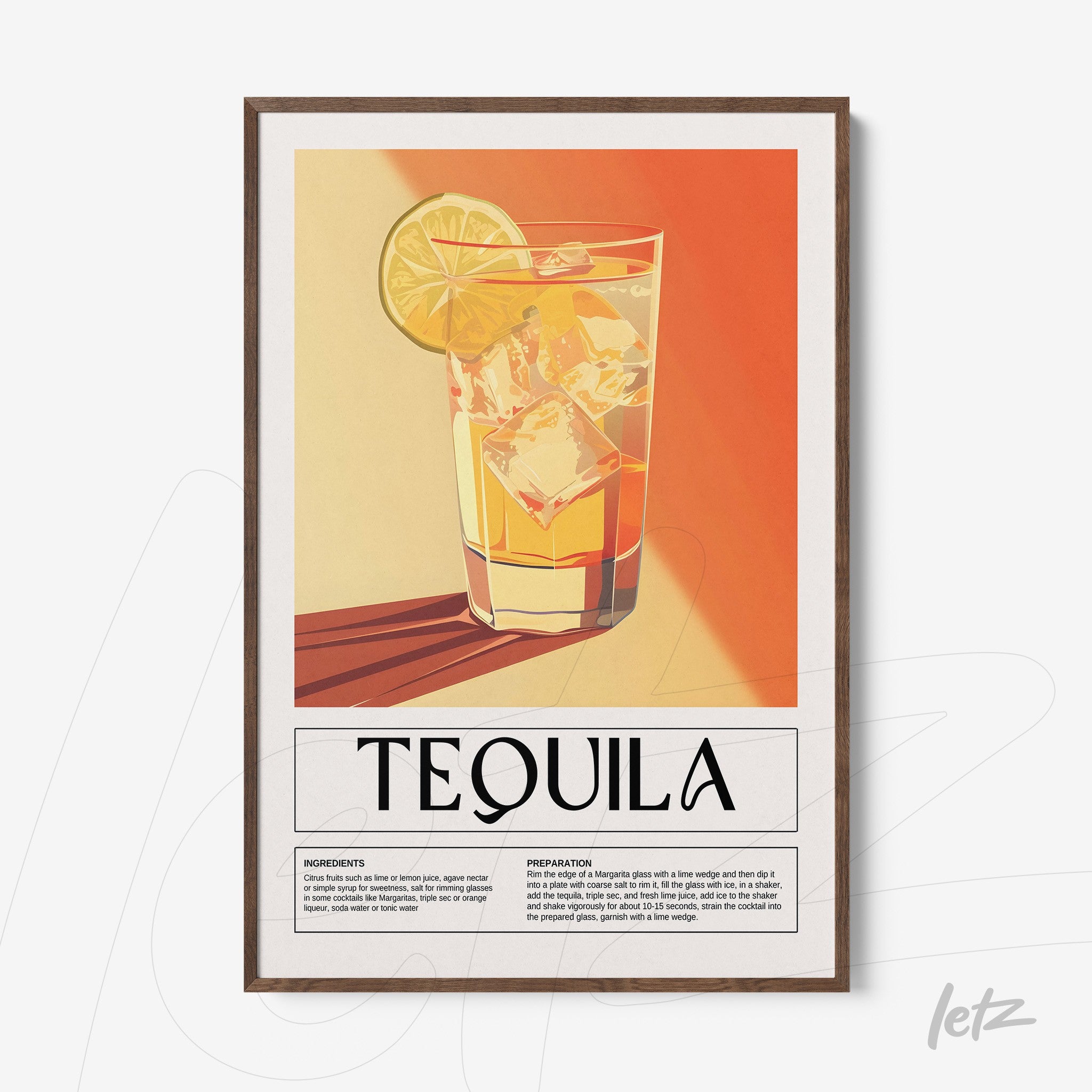 framed wall art featuring a stylized tequila drink with ice and a lemon slice on a vibrant orange background and cream accents