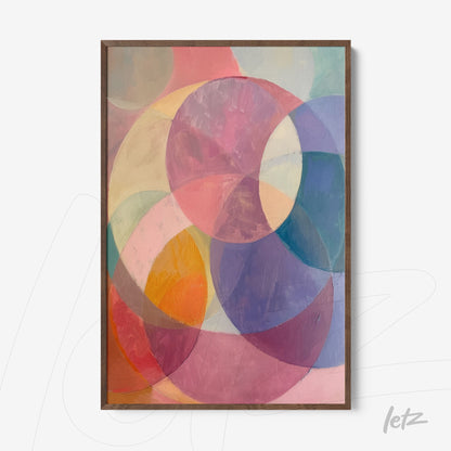 abstract wall art featuring overlapping pastel circles in a dark wood frame