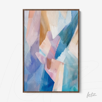 abstract wall art in shades of blue, pink, and beige with light wood frame