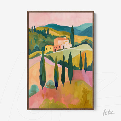 abstract wall art depicting a rural landscape with rolling hills and cypress trees in a light wood frame