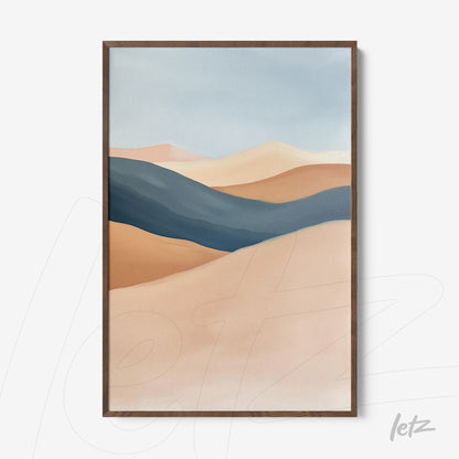 framed abstract artwork in earthy tones depicting soft landscapes with dark blue accents