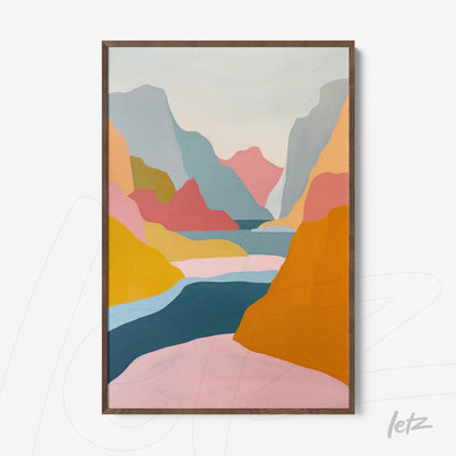 framed artwork featuring abstract mountain landscape in dark wood frame