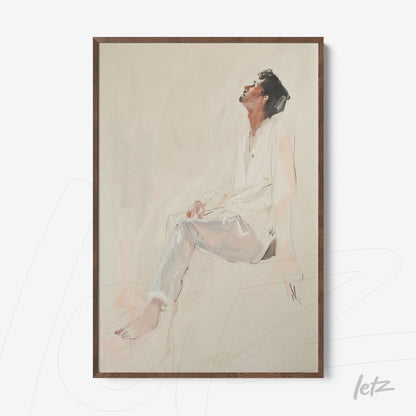 framed artwork featuring a minimalist portrait of a seated man with dark wooden frame