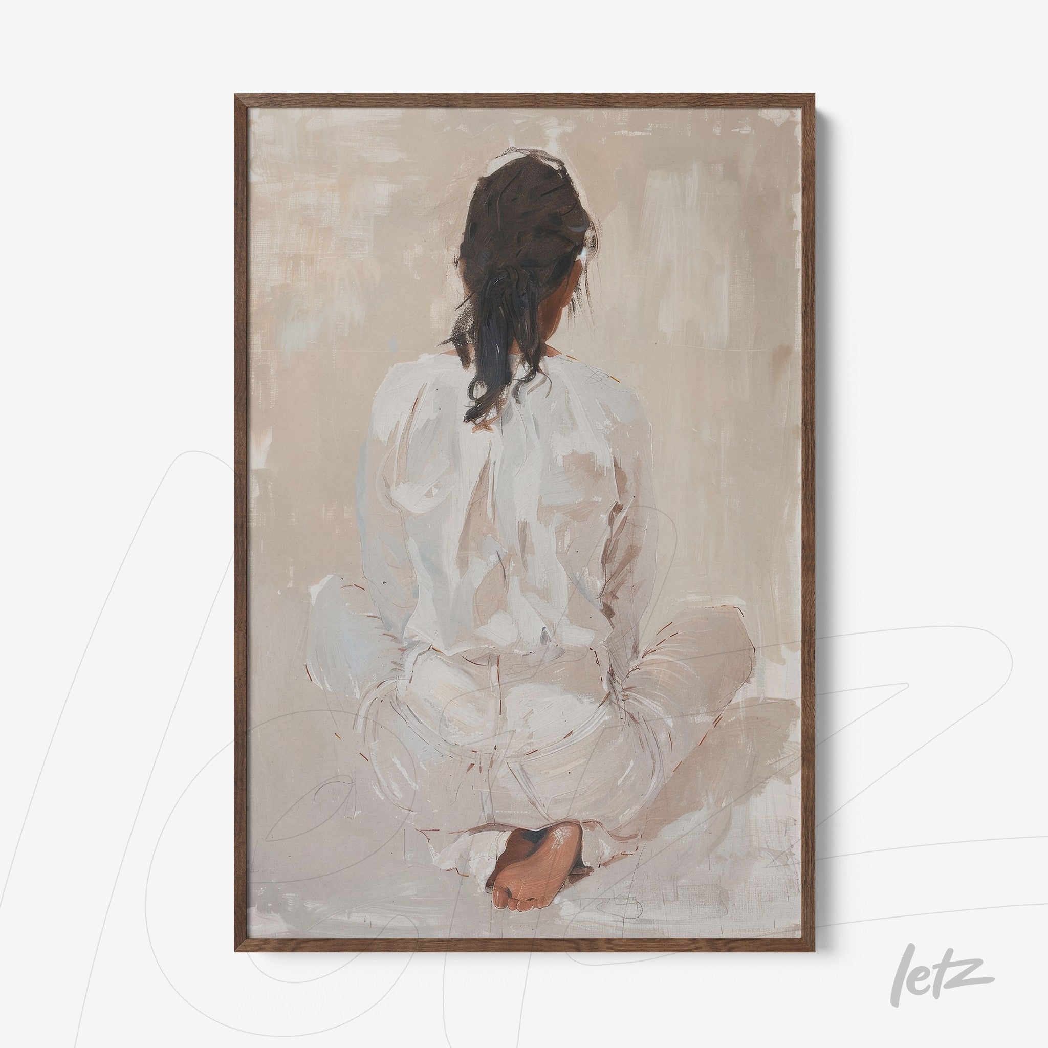 framed artwork of a woman sitting with her back to the viewer in soft tones, light wood frame