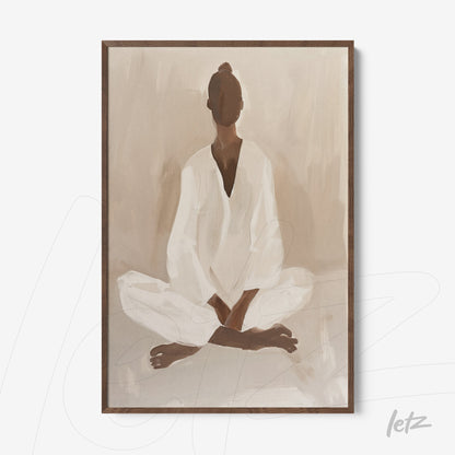 abstract art print of a meditating figure in earthy tones with dark wood frame