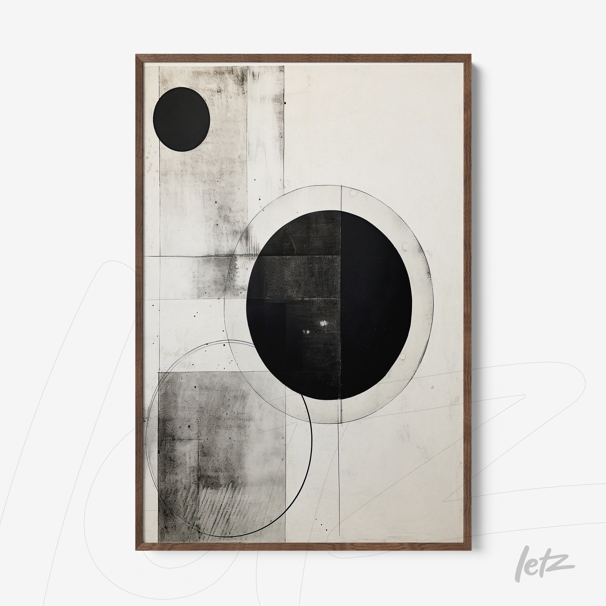abstract black and white wall art featuring geometric circular shapes on textured background with light wood frame