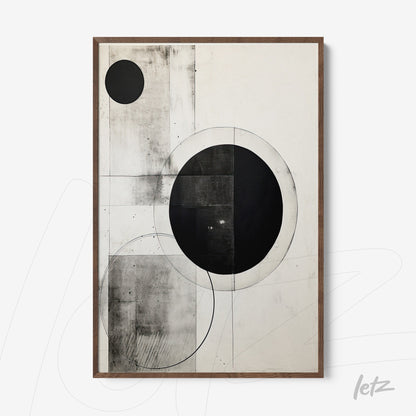 abstract black and white wall art featuring geometric circular shapes on textured background with light wood frame