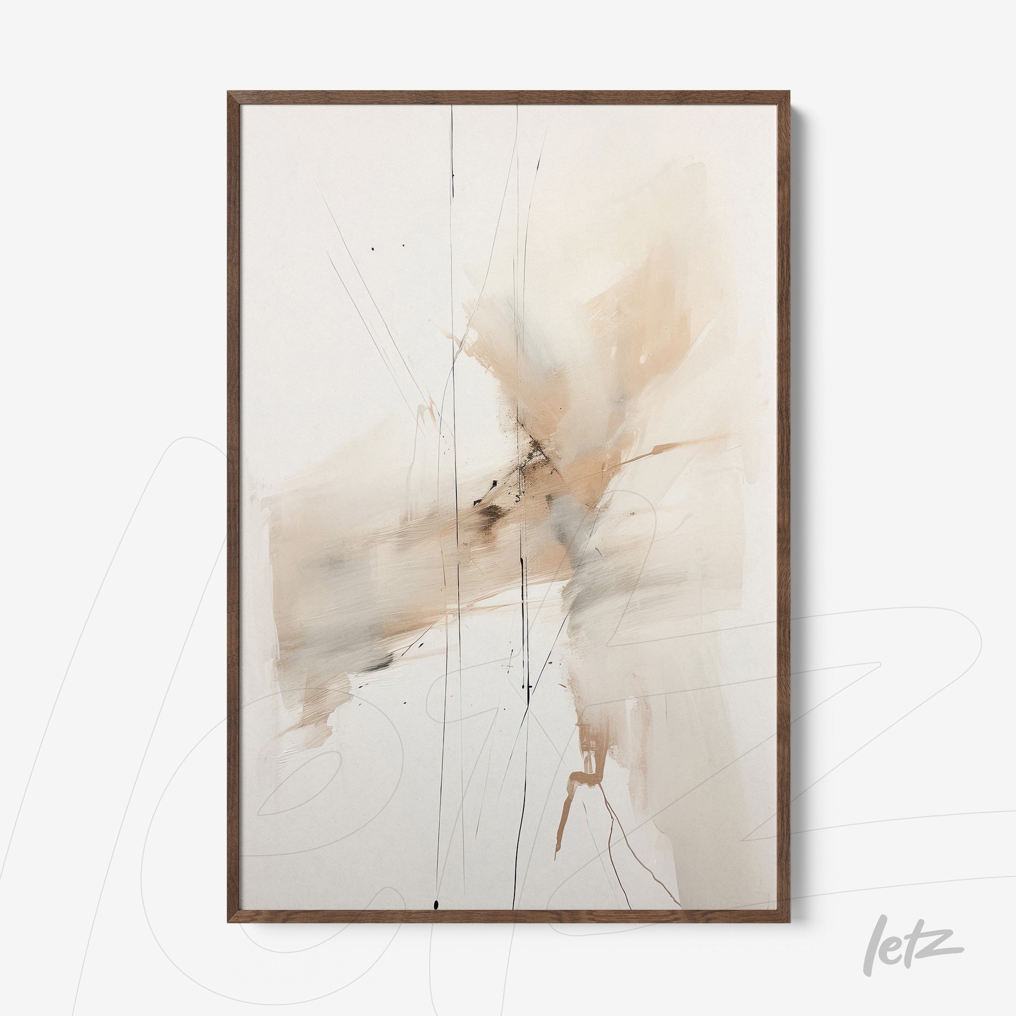 abstract artwork in neutral tones with subtle lines in dark wooden frame