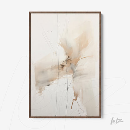 abstract artwork in neutral tones with subtle lines in dark wooden frame