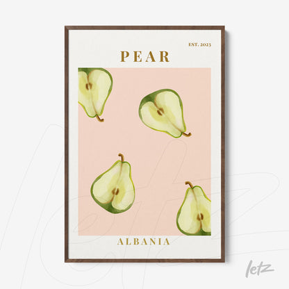 framed art featuring green pears on a pink background with dark wood frame