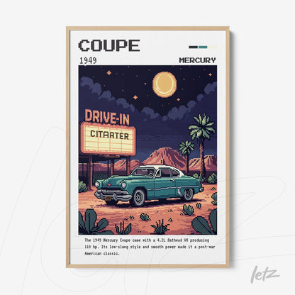 framed artwork featuring a vintage illustration of a 1949 mercury coupe in a nighttime setting with a drive-in sign and mountains in the background