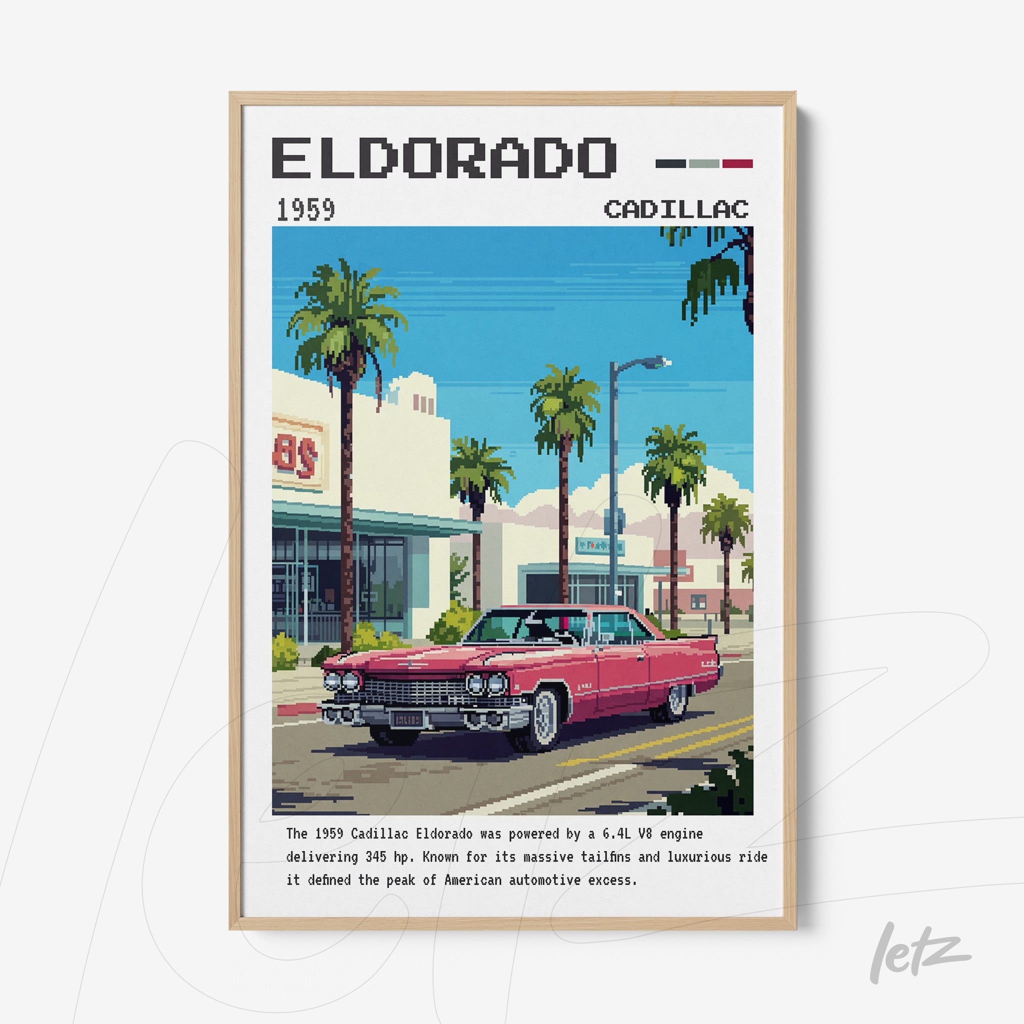 retro style digital art of 1959 Cadillac Eldorado in light wooden frame